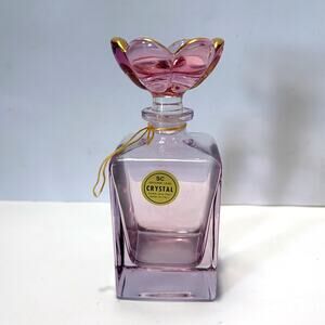 SC CRYSTAL VTG Square Perfume Bottle Flower Stopper Gold Edging Crystal